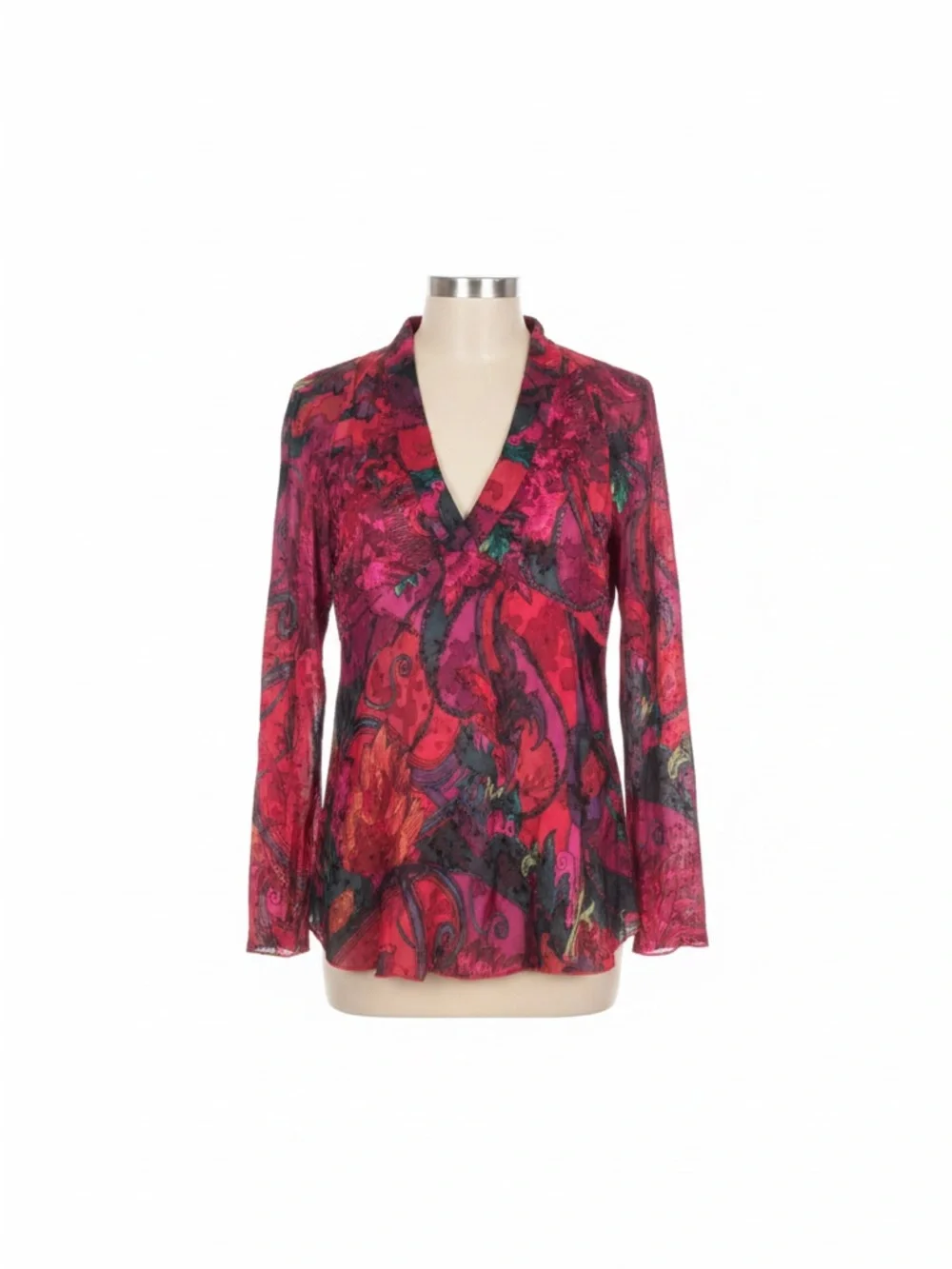Chico's Poetcore Fuchsia & Black Floral V-Neck Long-Sleeve Blouse 40% Silk - Picture 2 of 5